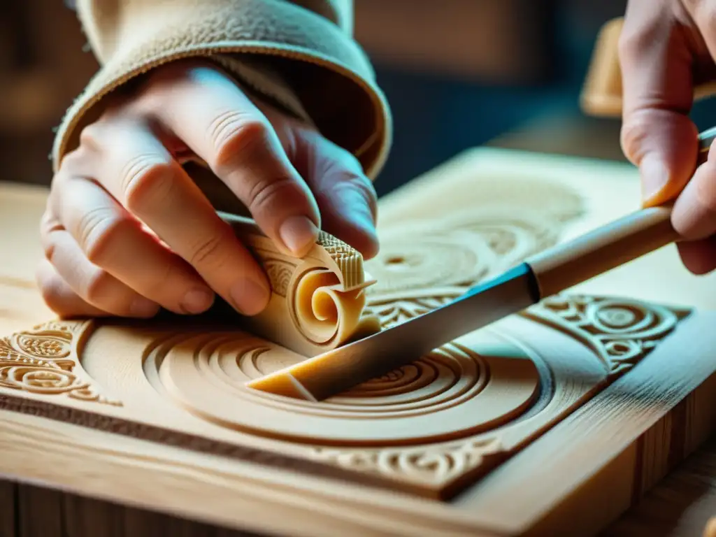 Un artesano esculpe con detalle una pieza de madera, con shavings cayendo al suelo