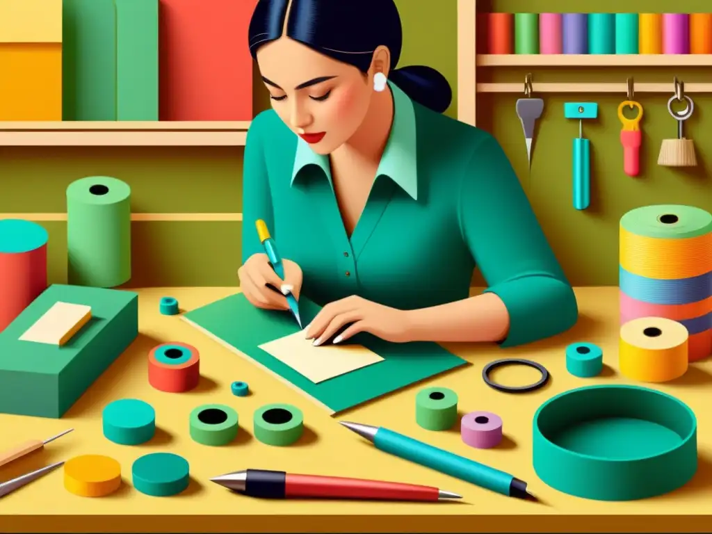 Artesano digital creando etiquetas con esmero Un artesano digital crea con dedicación etiquetas de precio para sus productos, rodeado de herramientas y materiales coloridos