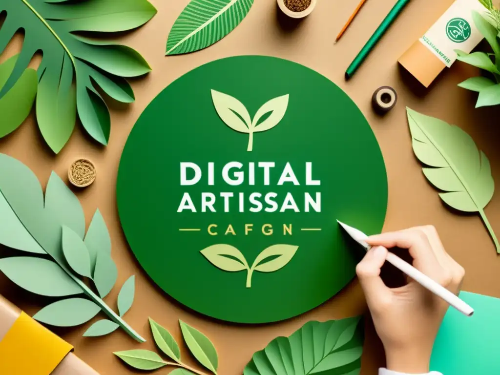 Un artesano digital crea diseños naturales en una escena vintage rodeado de materiales sostenibles