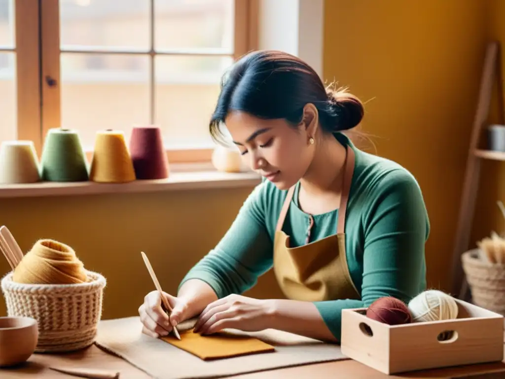 Un artesano digital crea con pasión y dedicación en un estudio cálido y soleado, rodeado de materiales sostenibles