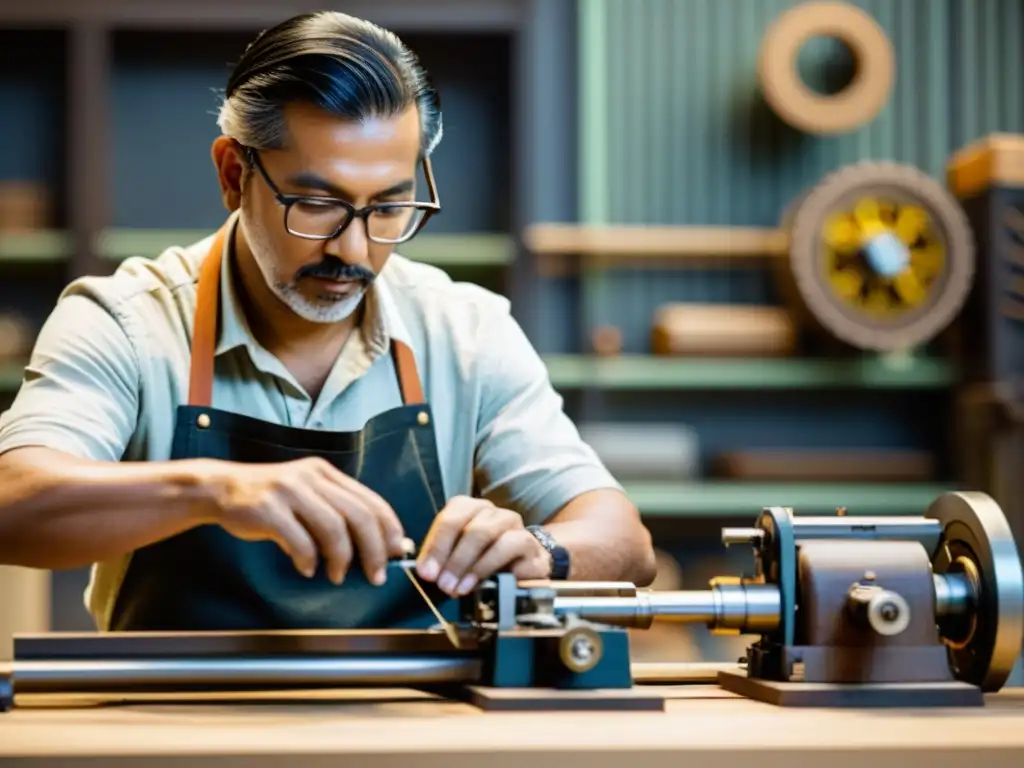 Un artesano digital crea una hermosa pieza sostenible con materiales reciclados, fusionando lo tradicional y lo moderno en un taller nostálgico