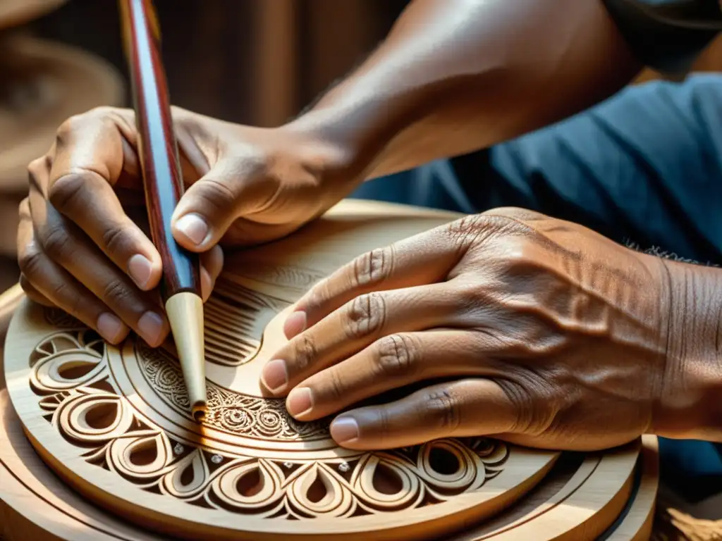 Artesano digital fabricando instrumentos musicales artesanales con detalle y dedicación en la cálida luz