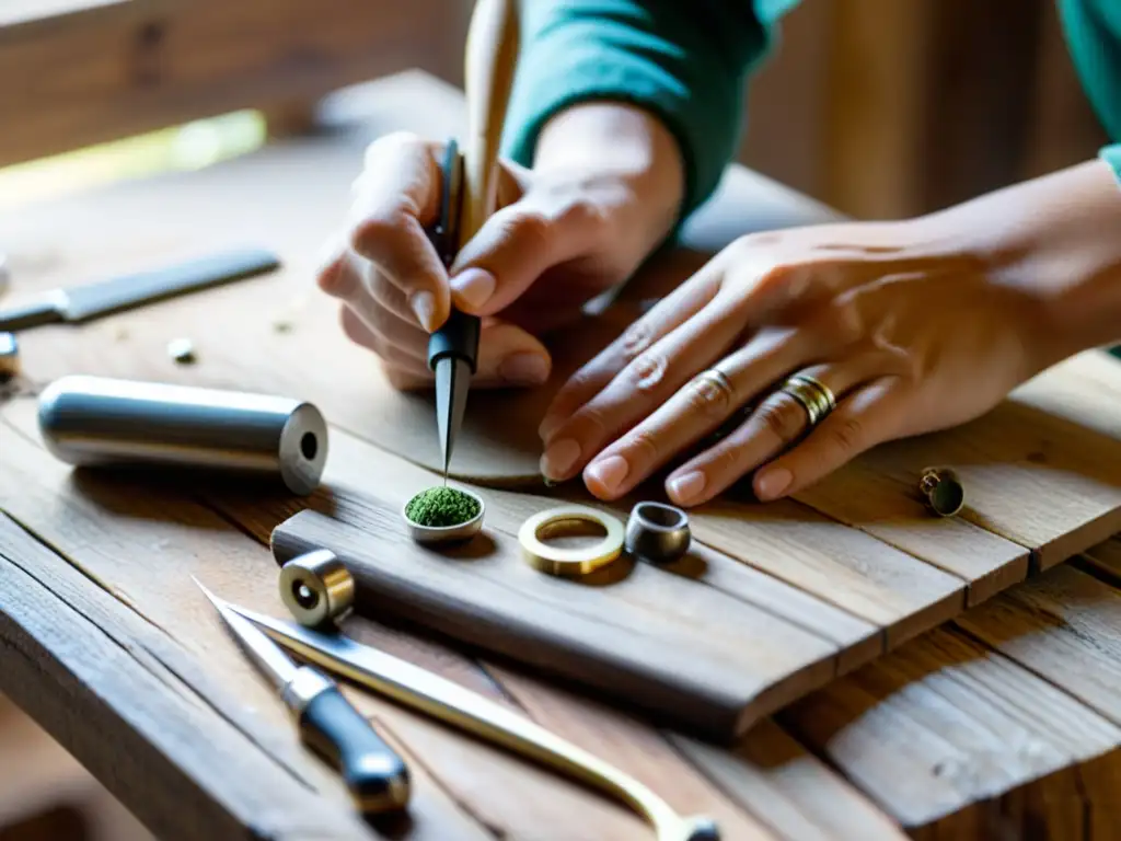 Artesano digital crea joyería ecofriendly en un banco de trabajo de madera, evocando el marketing verde