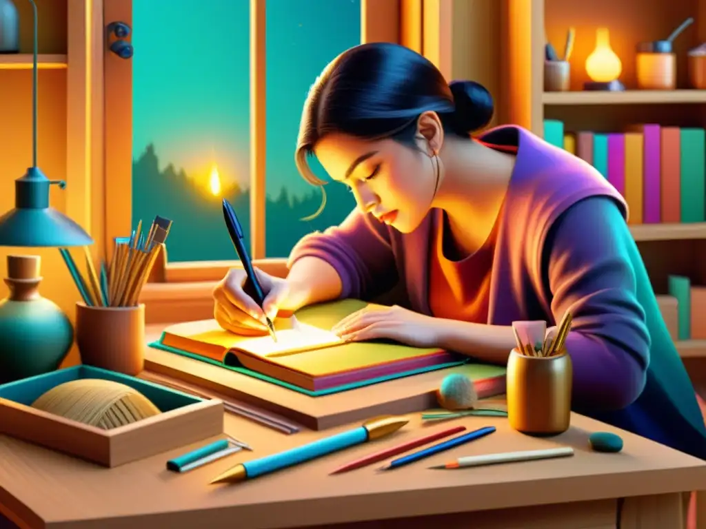 Artesano digital crea libro con detalles intrincados y colores vibrantes, rodeado de una cálida luz