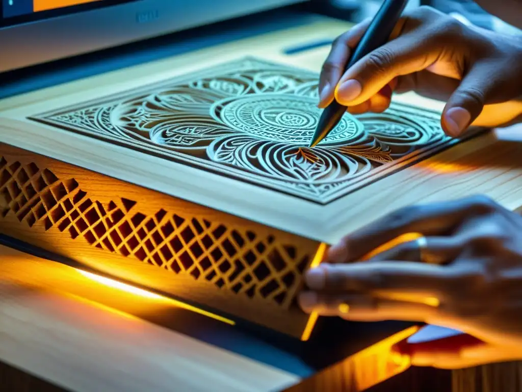 Artesano digital tallando patrones en madera, fusionando tradición y tecnología
