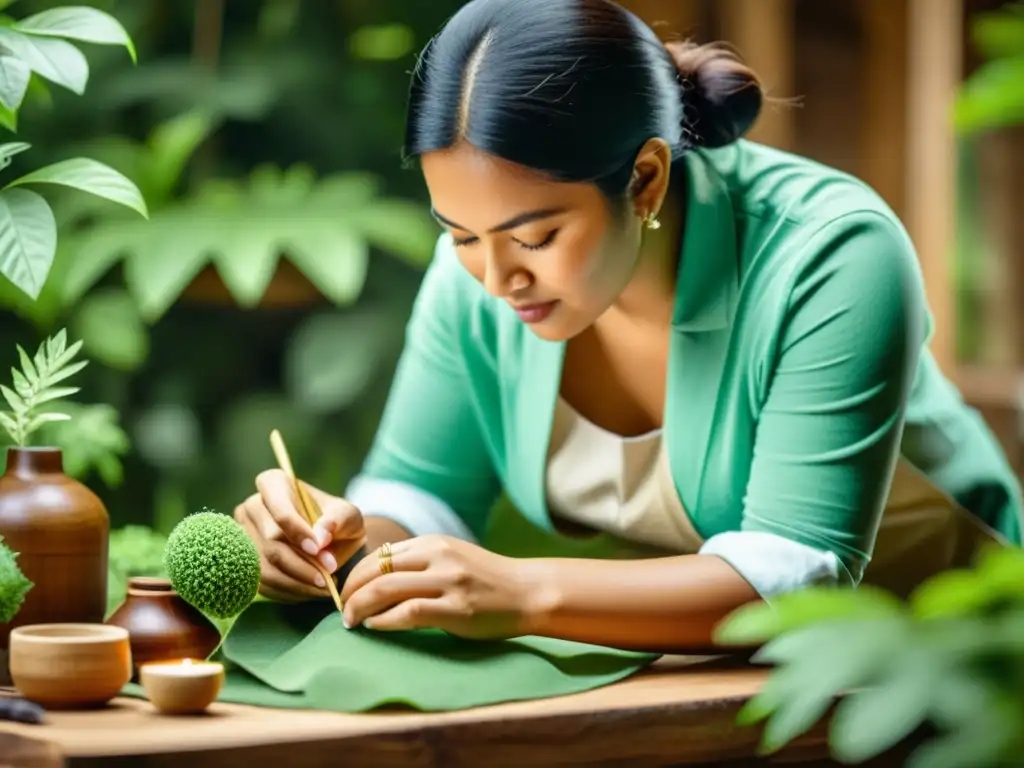 Un artesano digital crea un producto a mano rodeado de naturaleza, evocando el marketing verde