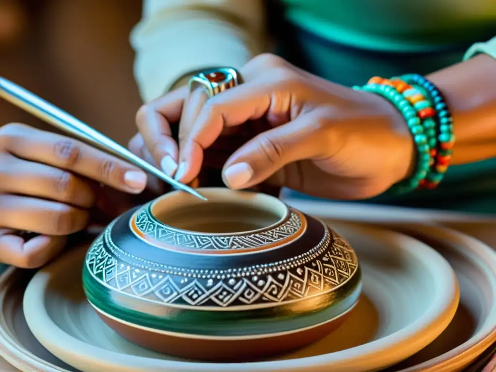 Artesano pintando diseño en cerámica con colores vibrantes y pinceladas delicadas, evocando la artesanía y el encanto vintage