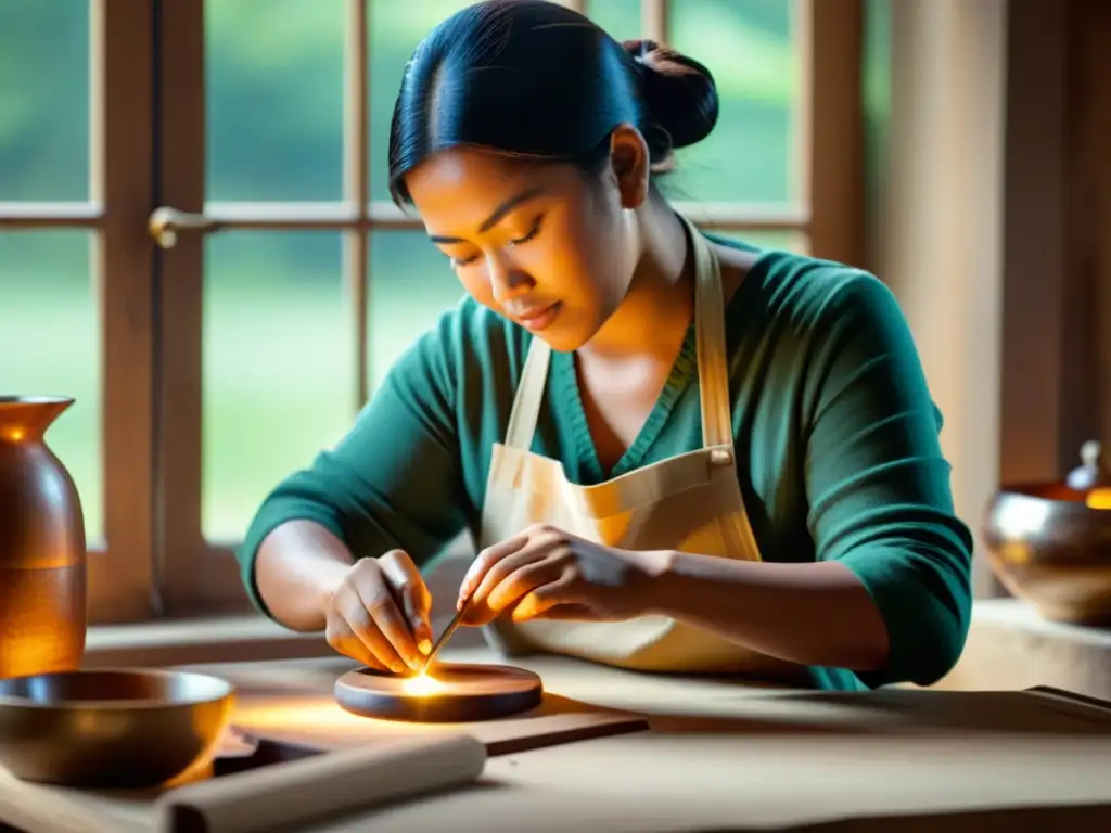 Un artesano crea diseño ético y sostenible con meticulosa artesanía en luz natural