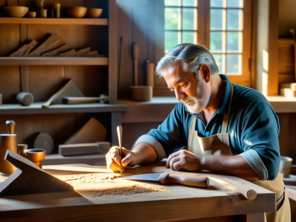 Artesano tallando diseño en madera antigua, preservando el legado artesanal con tecnología