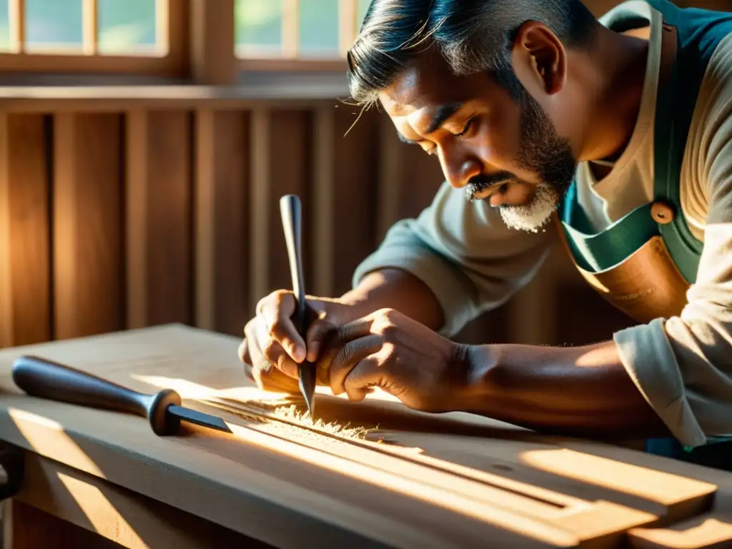 Artesano tallando diseño sustentable en madera local con estética vintage y luz cálida en el taller