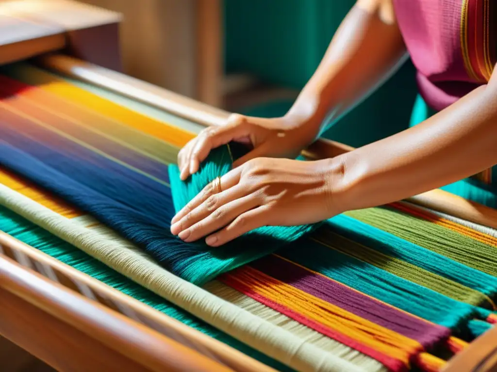 Artesano tejiendo diseño textil tradicional con hilos vibrantes