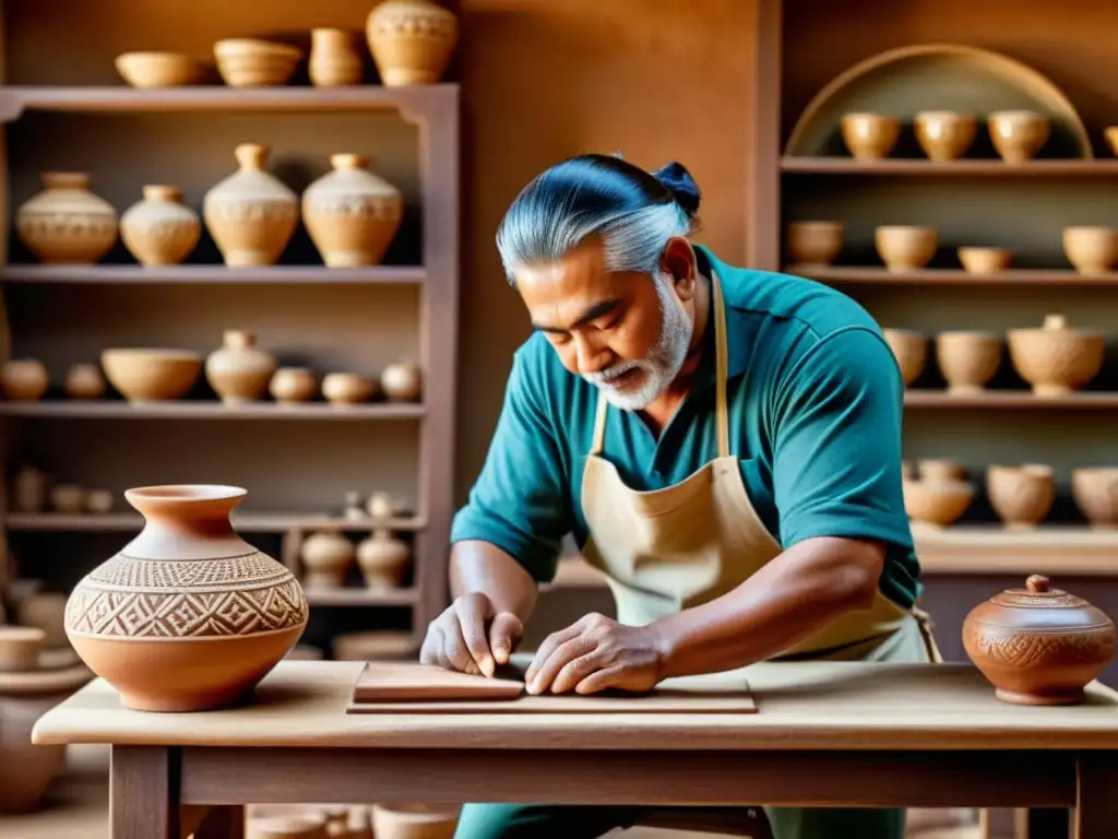 Artesano tallando cuidadosamente diseños en cerámica tradicional en un taller cálido y acogedor, evocando la artesanía tradicional en la era digital