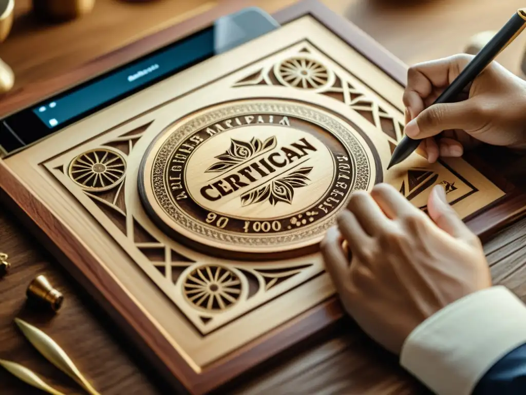 Un artesano graba diseños en un certificado de madera con una tableta, fusionando la artesanía con la tecnología digital