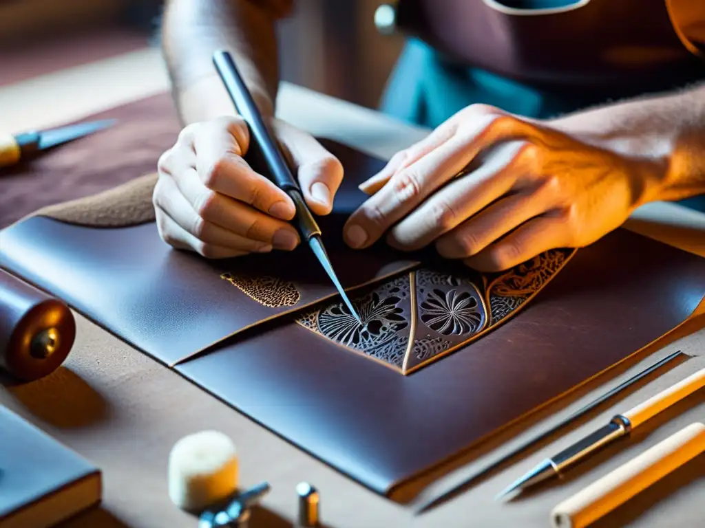 Un artesano tallando meticulosamente diseños en cuero, rodeado de herramientas tradicionales