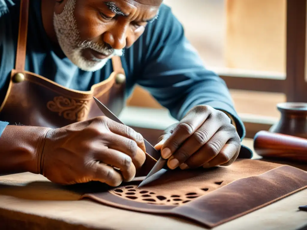 Un artesano de marroquinería talla diseños intrincados en cuero, iluminado por la suave luz natural