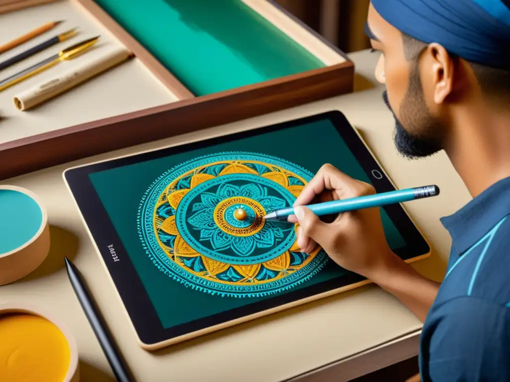 Artesano pintando diseños intrincados sobre lienzo, fusionando artesanía y tecnología digital