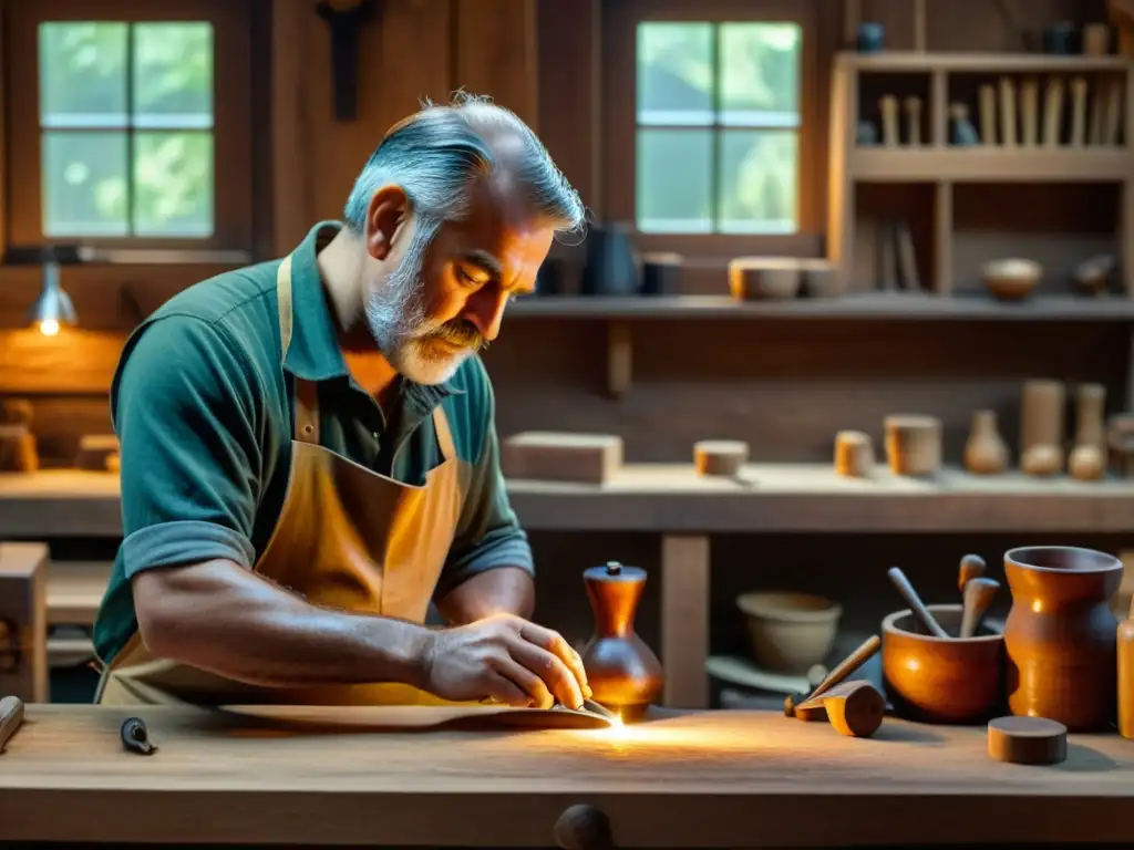 Un artesano hábil tallando diseños intrincados en madera en un taller rústico