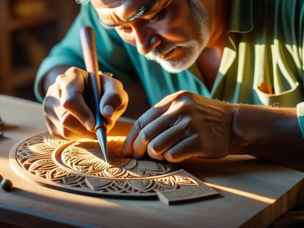 Un artesano tallando diseños en madera con destreza, bañado por la cálida luz en un taller