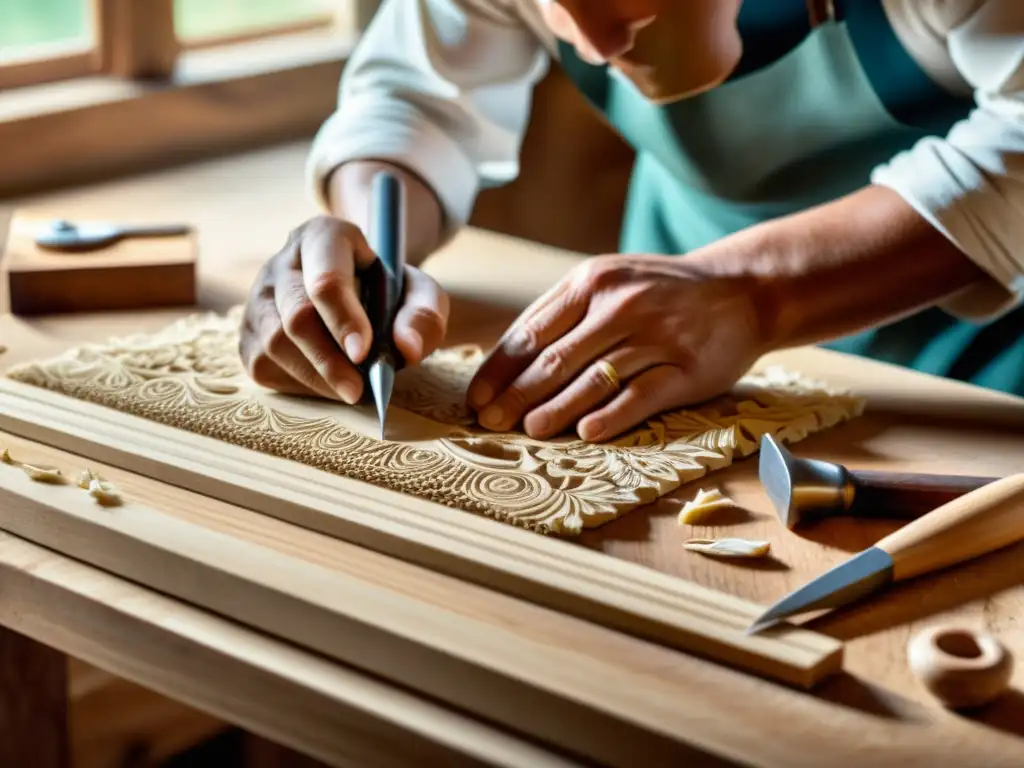 Hábil artesano tallando diseños en madera con herramientas vintage, resaltando la artesanía tradicional con herramientas digitales