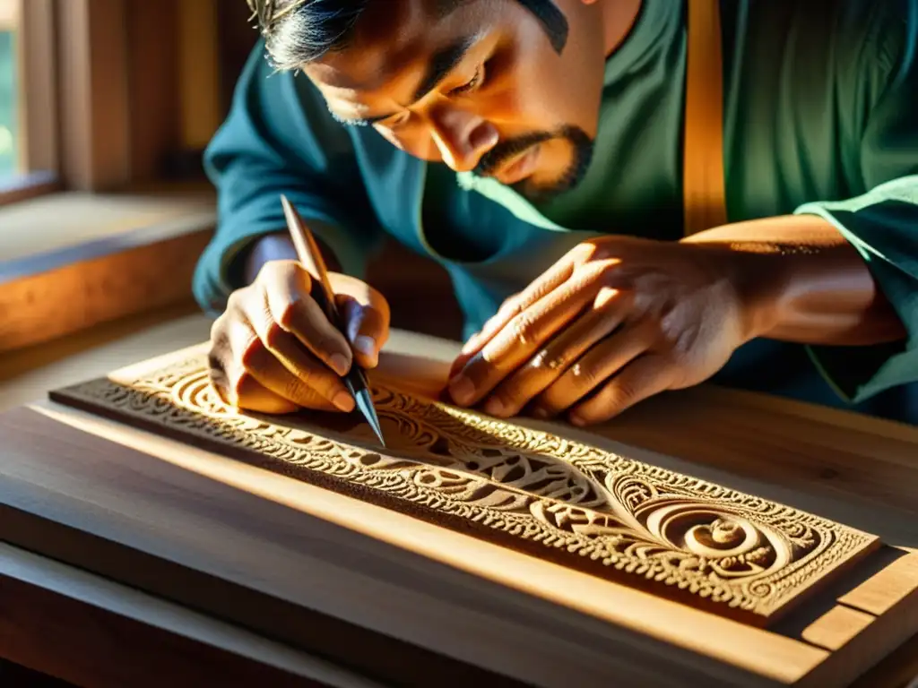 Artesano tallando madera con luz solar Artesano tallando diseños en madera con luz cálida, evocando nostalgia y autenticidad
