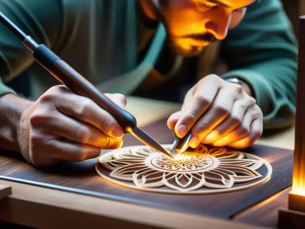 Un artesano tallando diseños en madera, con una mezcla de tradición y tecnología