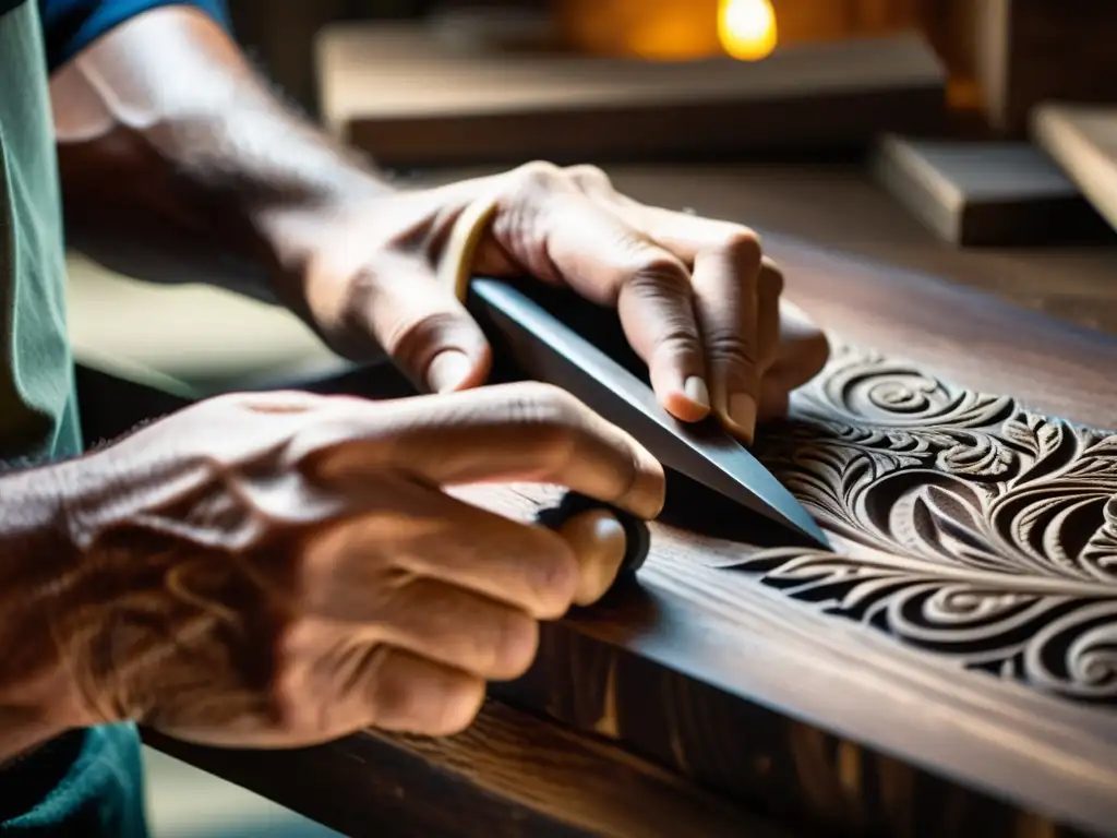 Un artesano tallando con precisión diseños en madera oscura