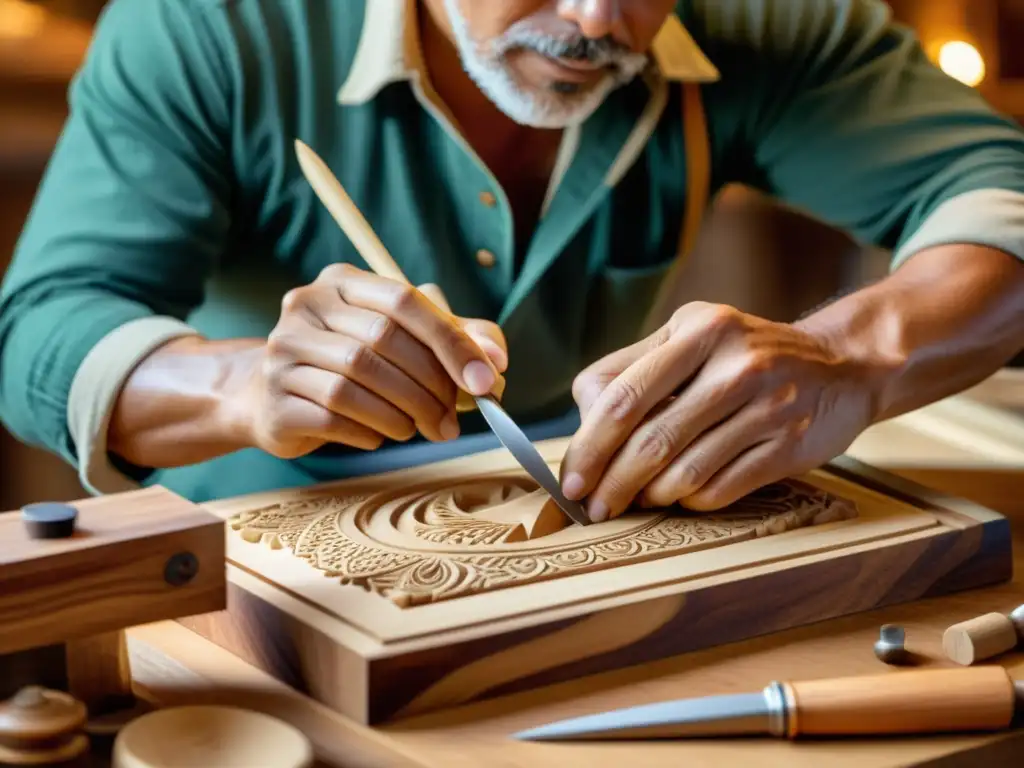 Un artesano tallando diseños en madera sostenible con herramientas artesanales