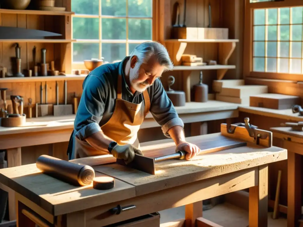 Un artesano tallando diseños en madera en un taller vintage