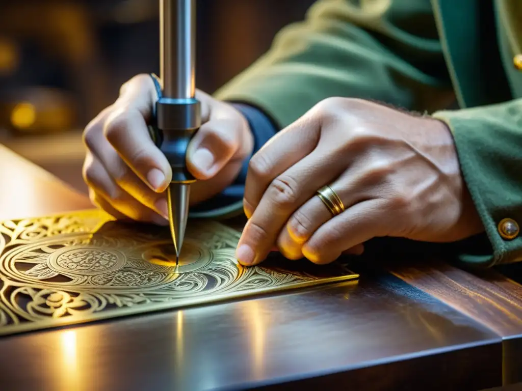 Un artesano graba con precisión diseños en latón pulido, fusionando técnicas de grabado digital en metalurgia con tradición artesanal