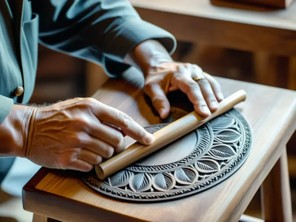 Un artesano tallando con precisión diseños en una silla de madera, fotografía en blanco y negro