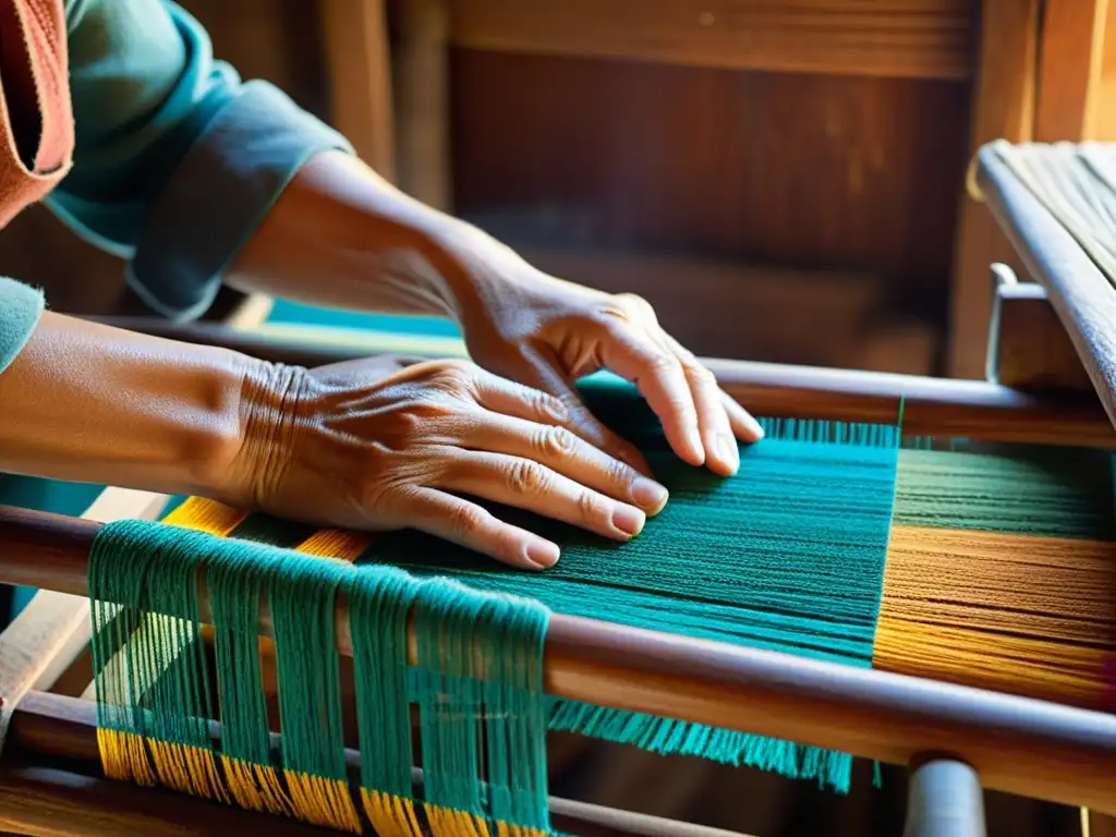 Un artesano hábil teje con elegancia fibras vibrantes en un telar tradicional, con tintes naturales y una conexión artística con la naturaleza