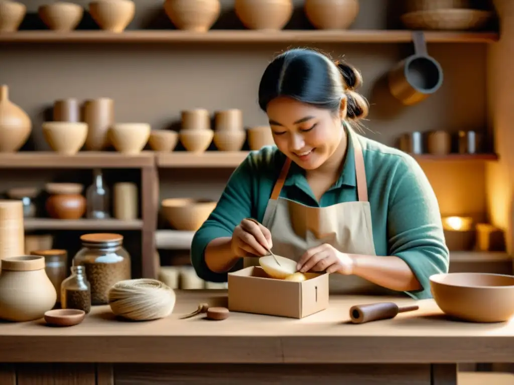 Un artesano empaqueta con cuidado un producto en un taller rústico