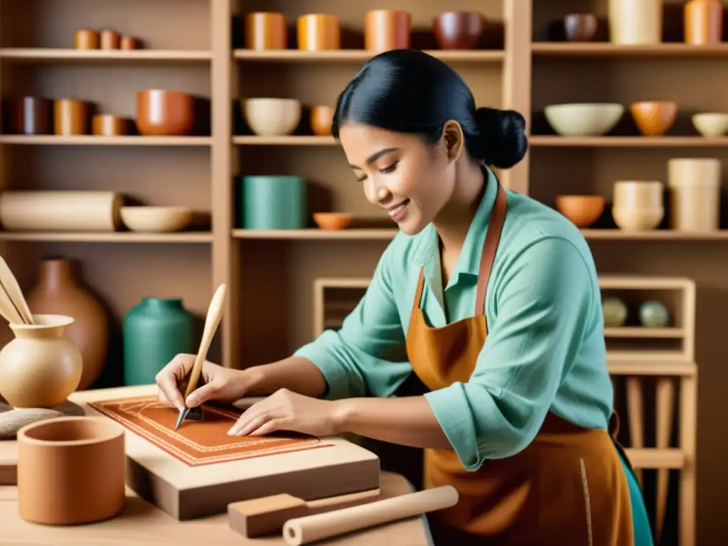 Un artesano enseña artesanía tradicional a través de mentoría virtual, con herramientas y detalles detallados