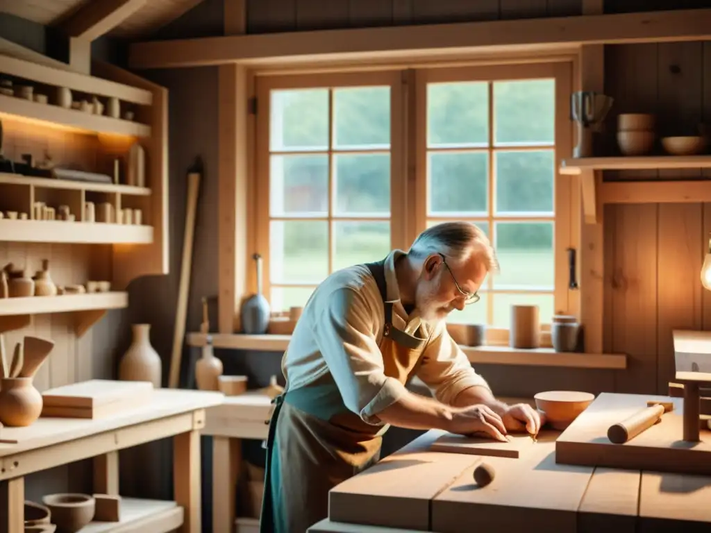 Un artesano escandinavo tallando una pieza de madera en su taller tradicional, con una cálida atmósfera de artesanía tradicional en diseño software