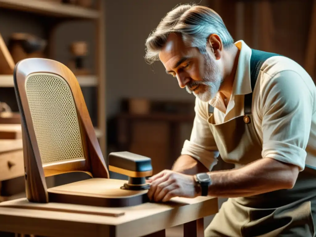 Artesano digitalizando silla antigua con precisión Un artesano usa un escáner 3D para restauración digital de una silla antigua en un taller cálido y acogedor