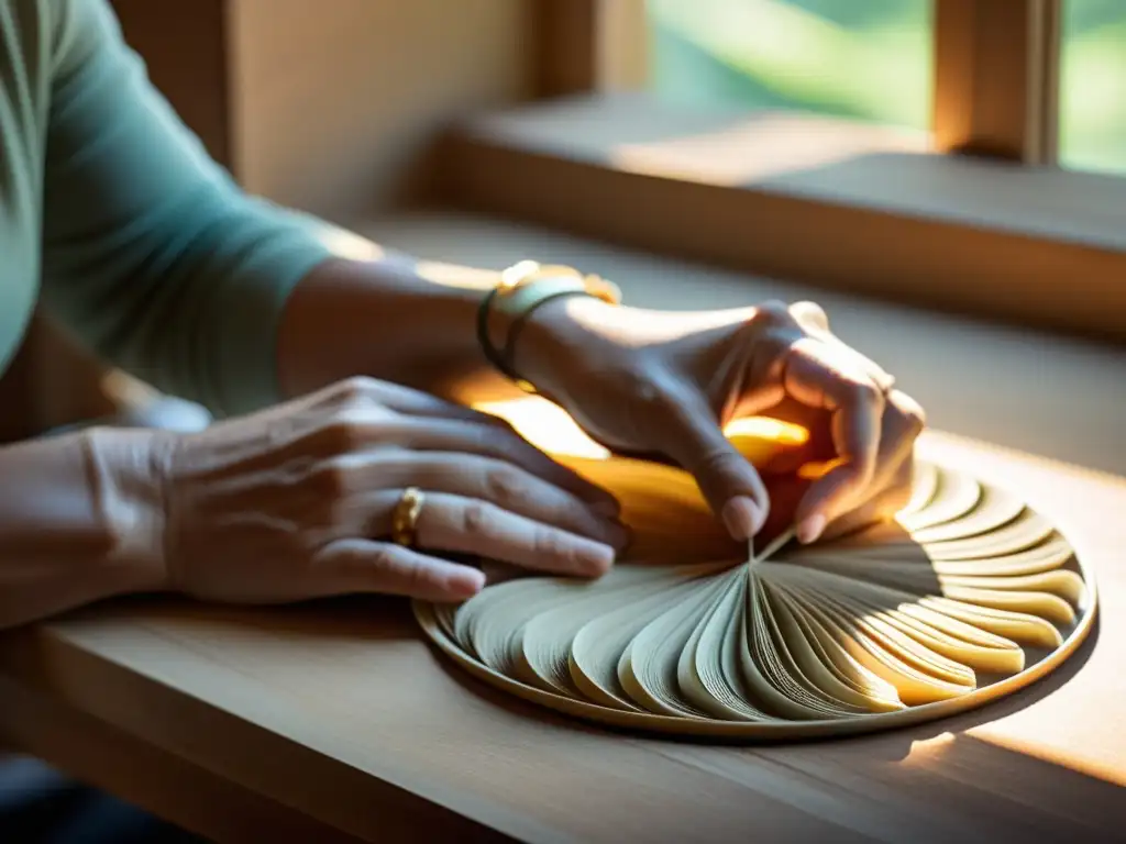 Un artesano crea una escultura delicada con materiales sostenibles, iluminado por luz cálida