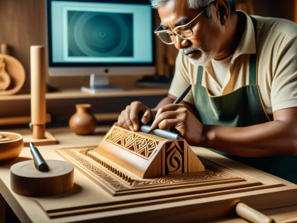 Artesano tallando escultura de madera mientras se fusiona la artesanía tradicional en la era digital