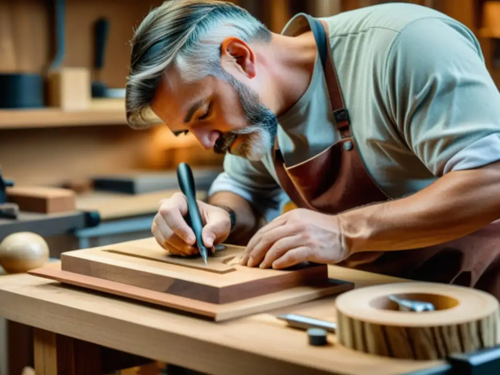 Un artesano tallando una escultura de madera con herramientas modernas, fusionando tradición y tecnología