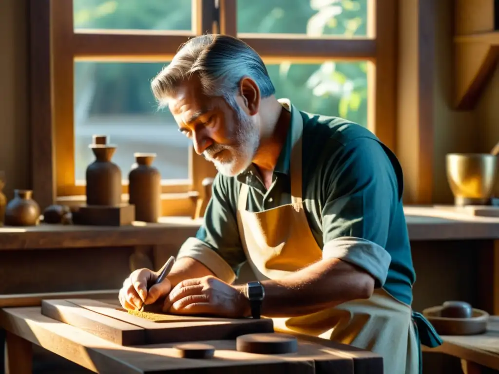 Un artesano tallando una escultura de madera mientras la luz del sol ilumina su trabajo