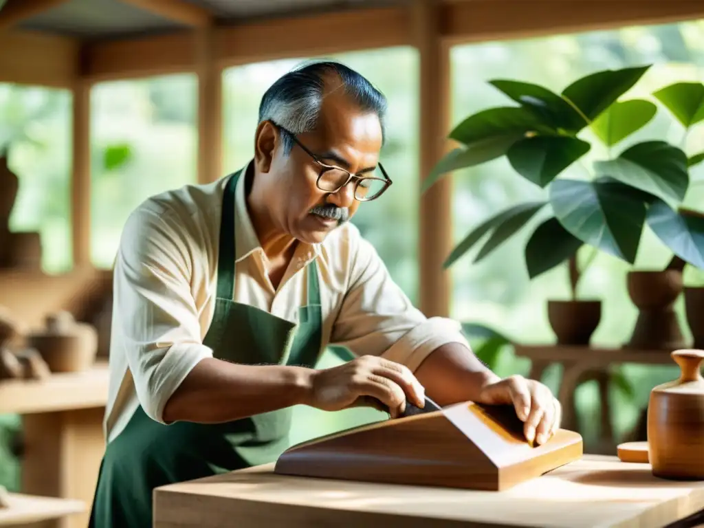 Artesano ecologista tallando escultura en taller soleado Artesano crea escultura de madera rodeado de naturaleza, reflejando sinergia ecológica en manufactura digital