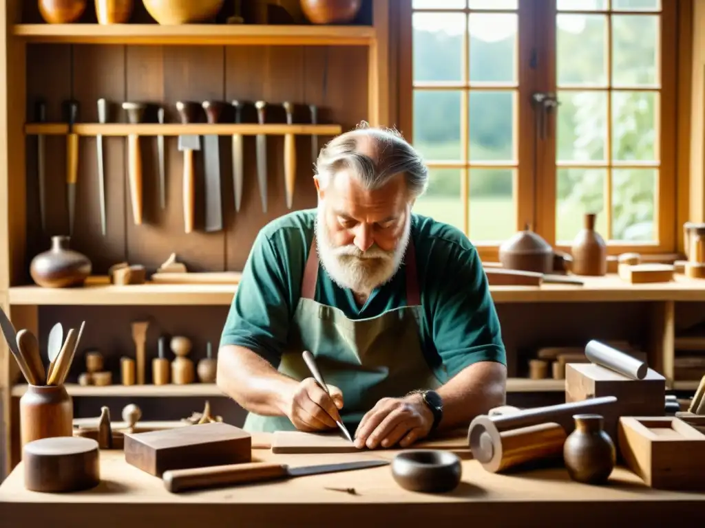 Un artesano crea una escultura de madera rodeado de herramientas tradicionales, reflejando la artesanía tradicional en la era digital