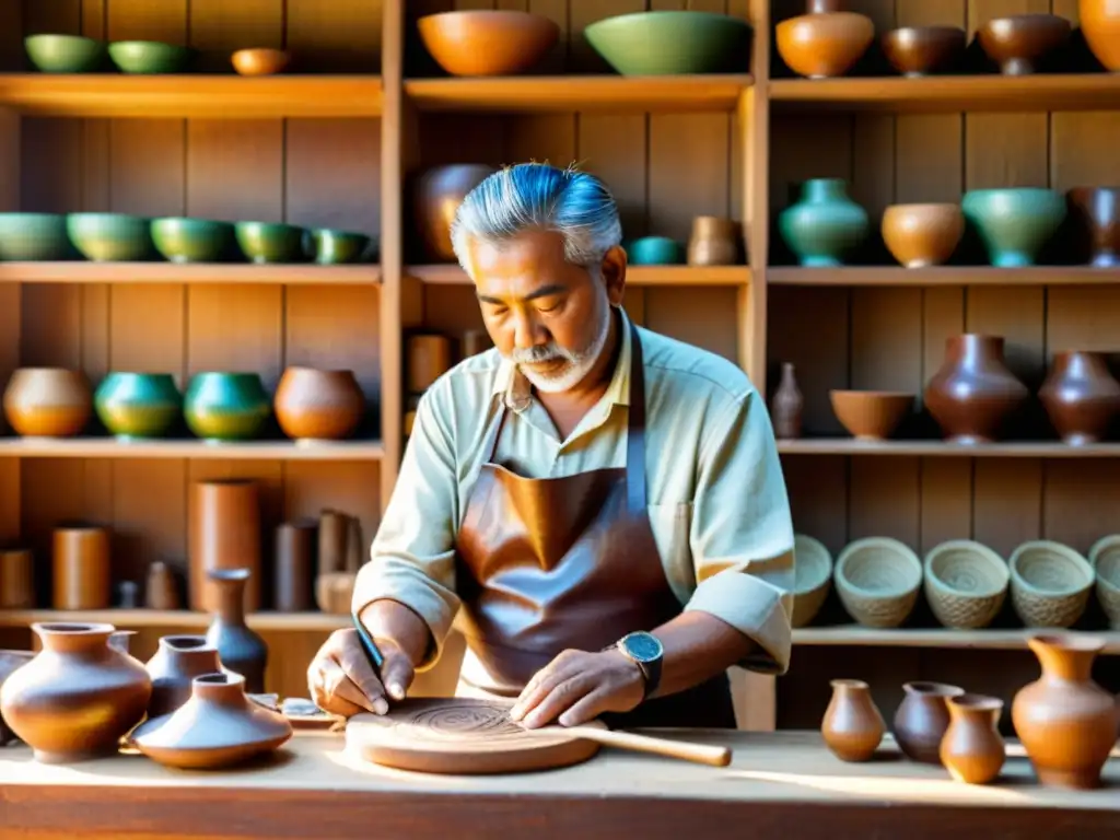 Artesano tallando madera con herramientas tradicionales Un artesano tallando una escultura de madera en un taller tradicional, con luz cálida y herramientas antiguas