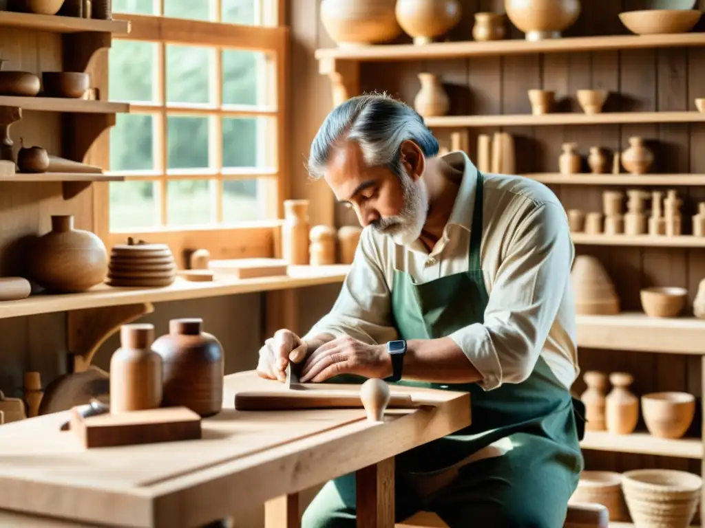 Un artesano crea escultura en talleres virtuales de artesanía sostenible, rodeado de materiales y herramientas tradicionales