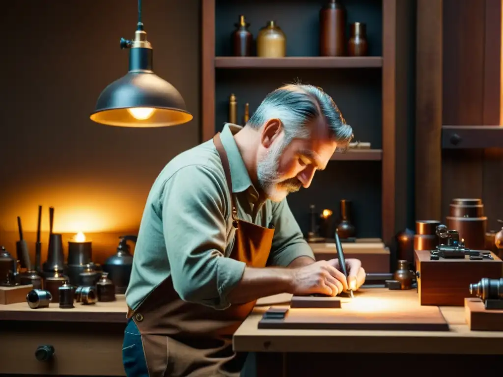 Un artesano captura la esencia de la artesanía con una cámara clásica en un estudio vintage iluminado por luz cálida