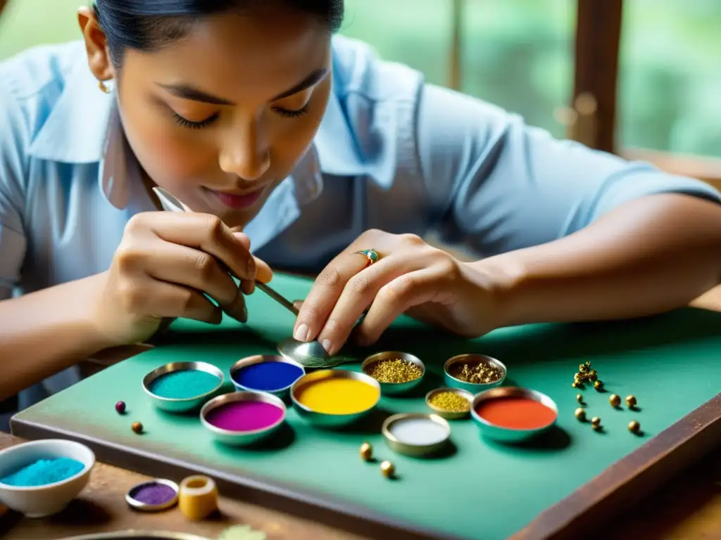 Un artesano aplica esmalte a mano en una joyería vintage con destreza, rodeado de herramientas y esmaltes coloridos