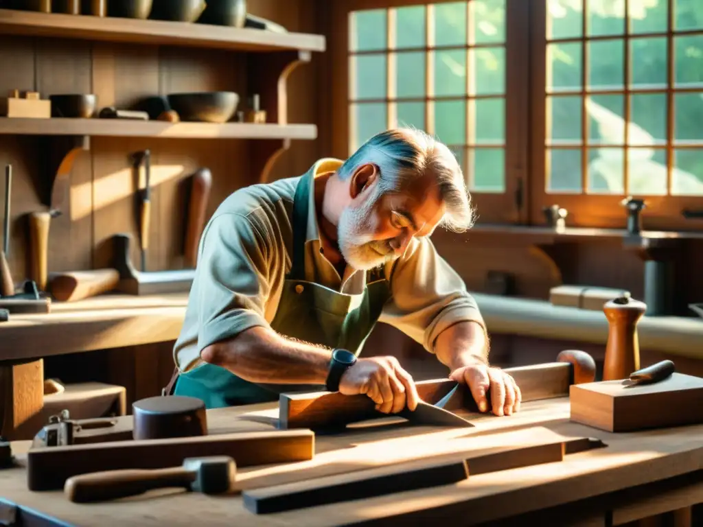 Un artesano tallando con esmero una hermosa pieza de madera en un taller vintage, bañado por la cálida luz del sol