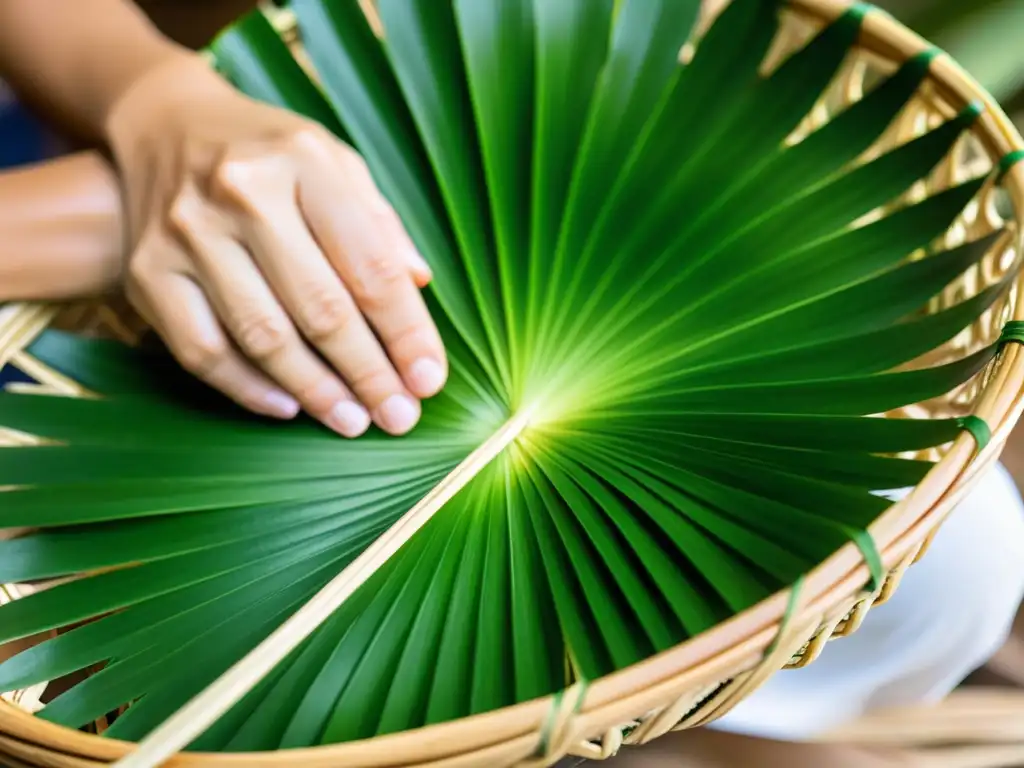 Un artesano hábil teje con esmero hojas verdes de palma para crear una cesta ecológica