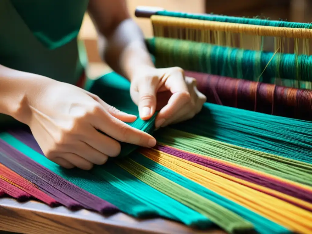 Artesano tejiendo coloridas fibras digitales Un artesano hábil teje con esmero material digital reciclado, creando una colorida y detallada obra en su banco de trabajo de madera