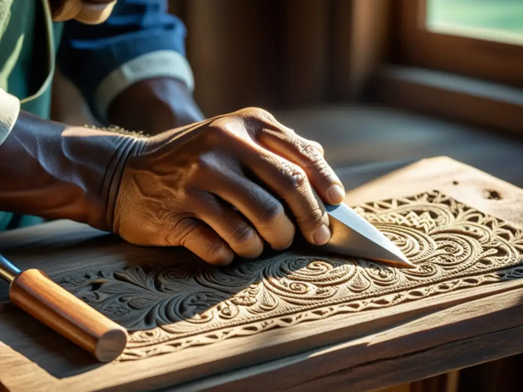 Un artesano tallando con esmero motivos en madera, iluminado por suave luz natural