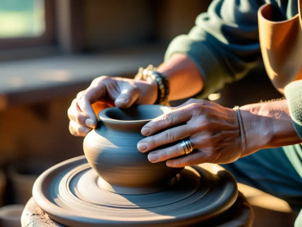 Un artesano crea con esmero una pieza de cerámica tradicional, con anillos y pulseras de plata, evocando la artesanía tradicional en la era digital